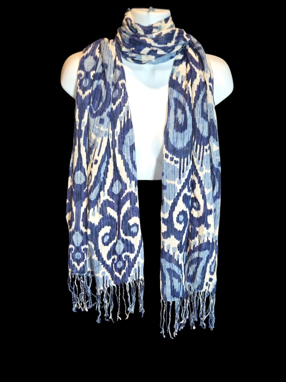 Spartina 449 Blue and White Ikat Fringe Scarf
